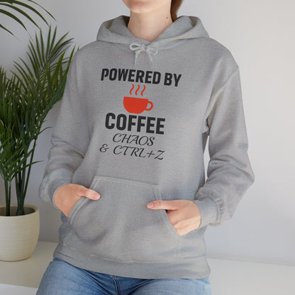 Powered By Coffee Chaos And CTRL+Z Unisex Hoodie | Cozy Gift for Coffee Lovers, Funny Sweatshirt, Office Work Attire, Perfect Gift