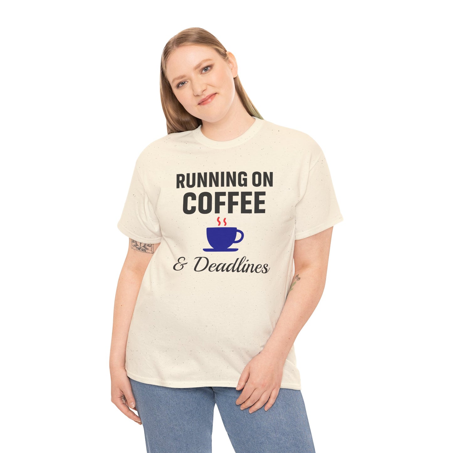 Running On Coffee And Deadlines Unisex T-Shirt | Funny Coffee Lover Tee, Gift for Coffee Addicts, Casual Wear, Office Gift