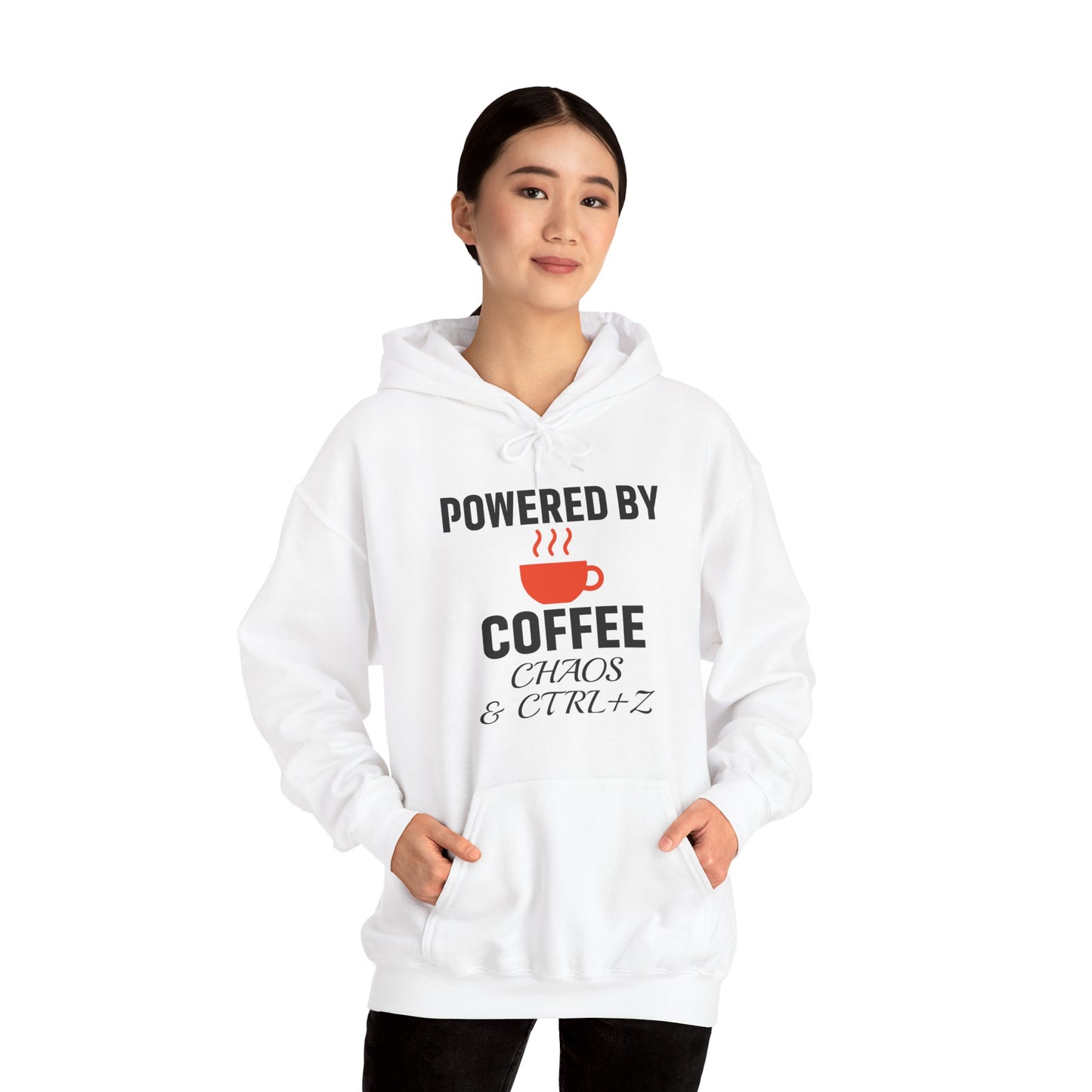 Powered By Coffee Chaos And CTRL+Z Unisex Hoodie | Cozy Gift for Coffee Lovers, Funny Sweatshirt, Office Work Attire, Perfect Gift
