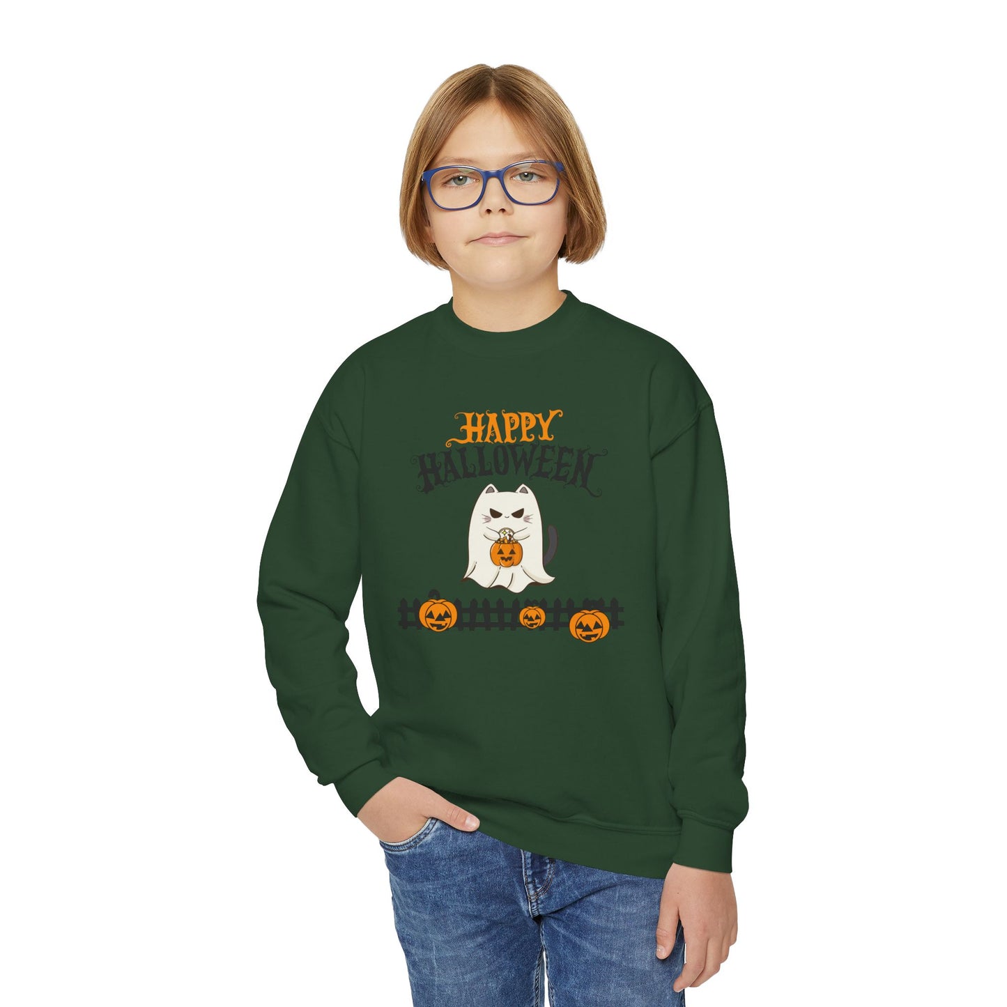 Happy Halloween Youth Sweatshirt, Cozy Kids Crewneck for Halloween, Pumpkin Design, Fall Fashion, Trick or Treat, Children's Sweater