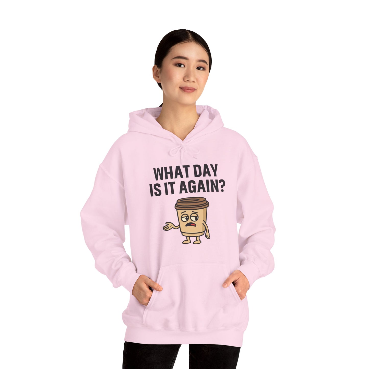 Coffee Cup Guy What Day Is It Again? Unisex Hoodie | Funny Coffee Themed Hoodie, Gift for Coffee Lovers, Comfy Lounge Wear
