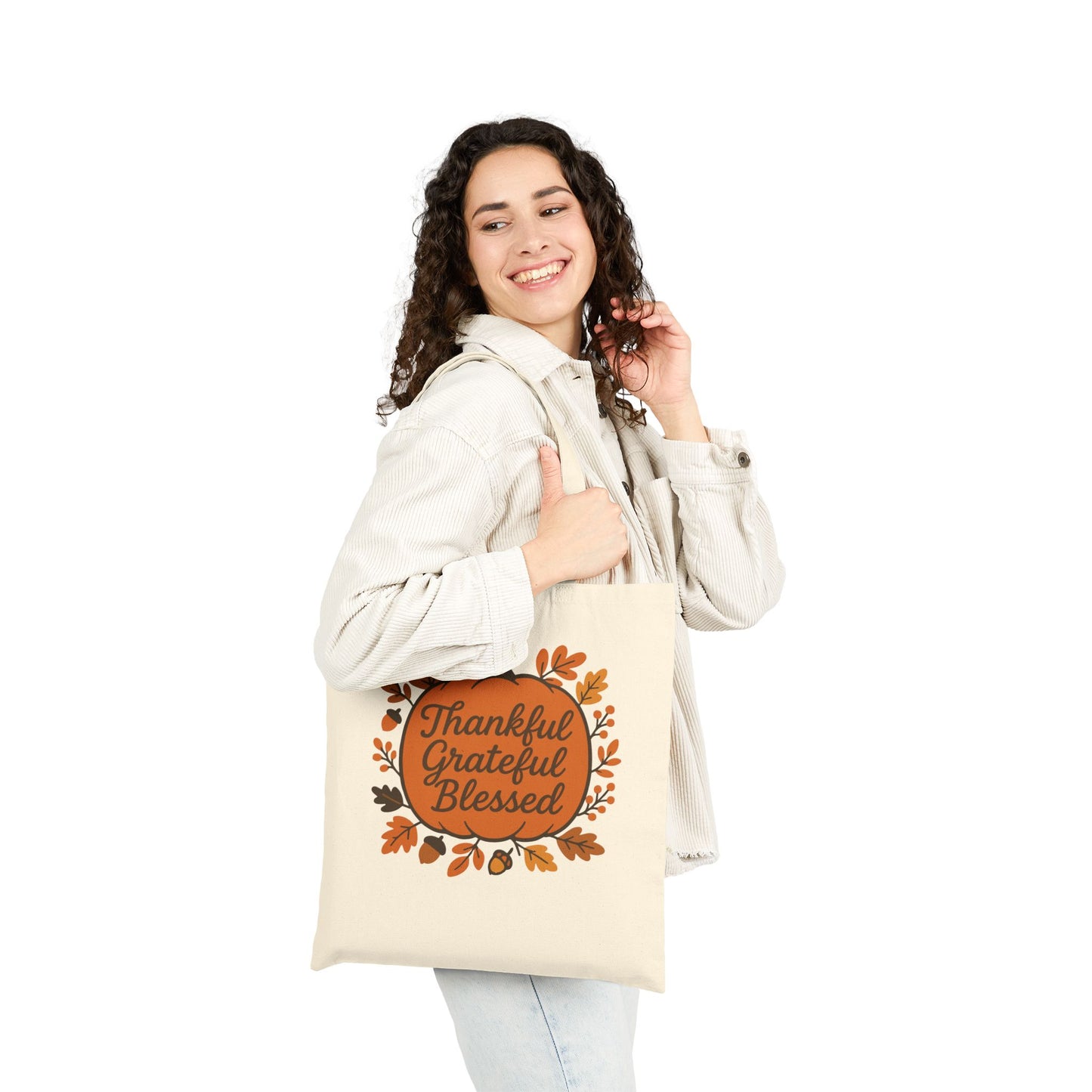 Thankful Grateful Blessed Cotton Canvas Tote Bag, Fall Tote, Autumn Gift, Thanksgiving Shopping Bag, Eco-Friendly Reusable Bag