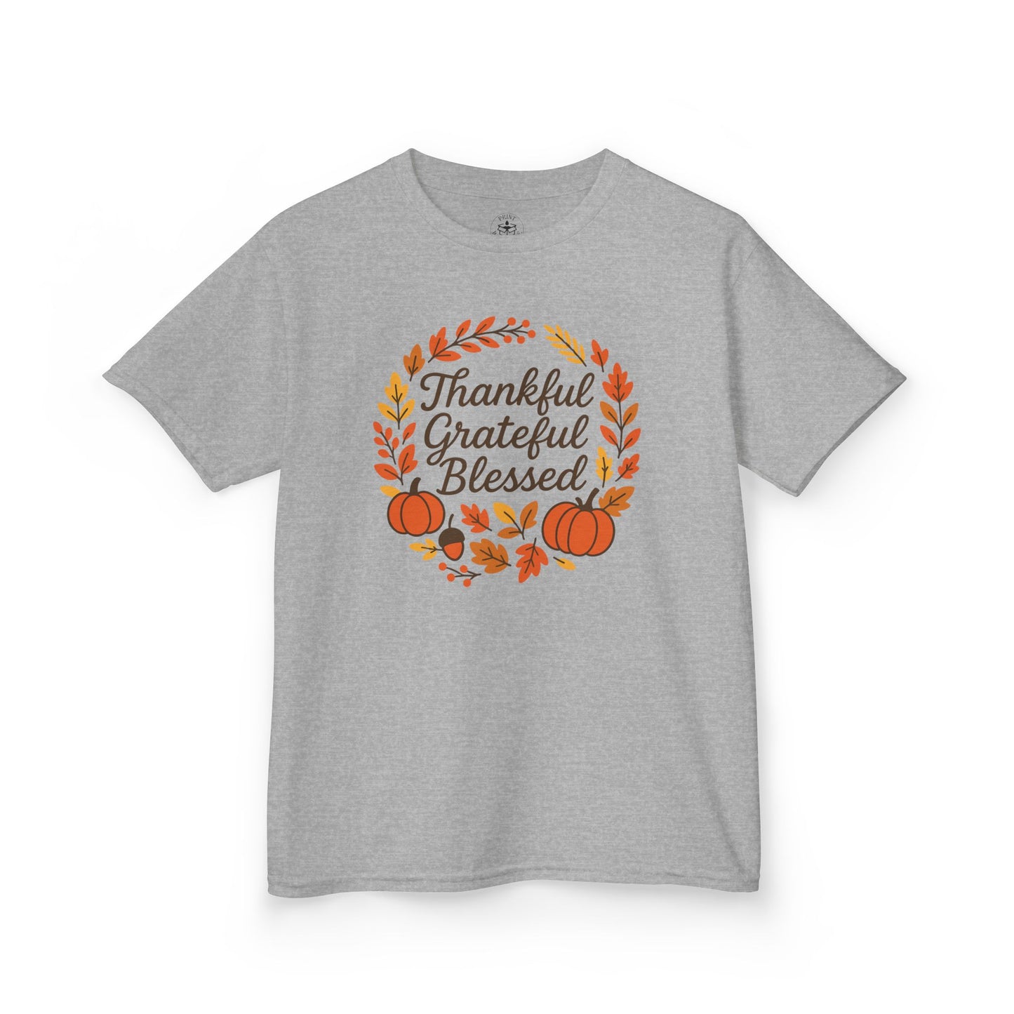 Thankful Grateful Blessed Youth Unisex T-Shirt | Thanksgiving Tee, Kids Autumn Apparel, Pumpkin Graphic Shirt, Seasonal Kids Clothing