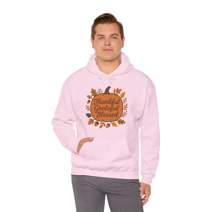 Thankful Grateful Blessed Unisex Hoodie | Cozy Fall Sweatshirt, Autumn Apparel, Thanksgiving Gift, Seasonal Comfort
