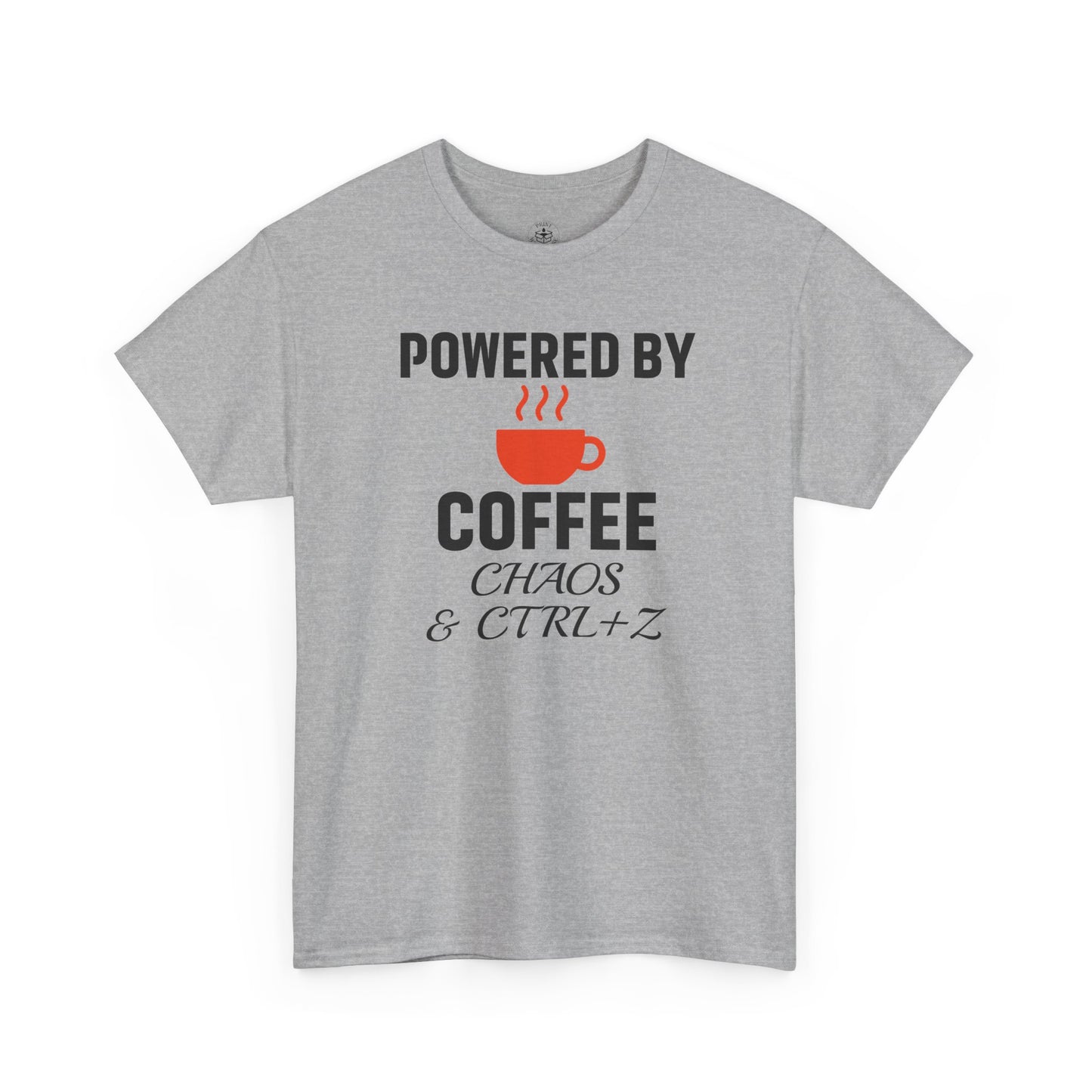 Powered By Coffee Chaos And CTRL+Z Unisex T-Shirt | Funny Coffee Lover Shirt, Perfect Office Gift, Casual Wear, Everyday Humor