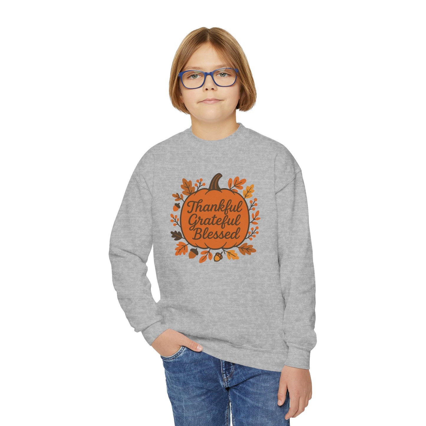 Thankful Grateful Blessed Youth Unisex Sweatshirt | Cozy Autumn Wear, Thanksgiving Gift, Family Gathering Outfit