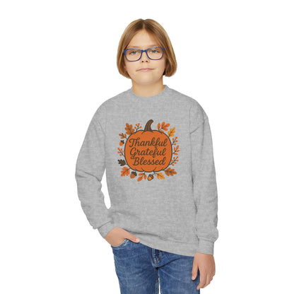 Thankful Grateful Blessed Youth Unisex Sweatshirt | Cozy Autumn Wear, Thanksgiving Gift, Family Gathering Outfit