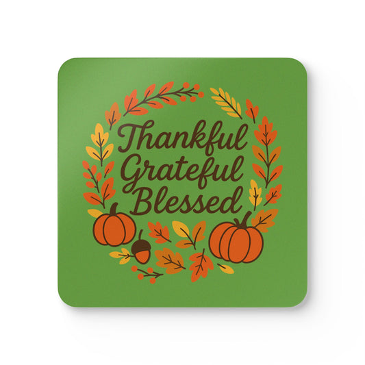 Thankful Grateful Blessed Corkwood Coaster Set | Fall Decor, Thanksgiving Gift, Rustic Coasters, Autumn Tableware, Home Decor