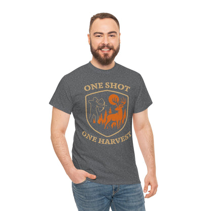 Hunting Tee Shirt, One Shot One Harvest Graphic Shirt, Outdoor Apparel, Gift for Hunters, Casual Wear, Hunting Season T-Shirt