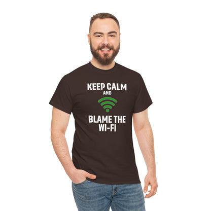 Keep Calm Blame the Wi-Fi Tee, Funny Unisex Heavy Cotton Tee, Perfect for Tech Lovers, Office Gifts, Internet Humor Shirt