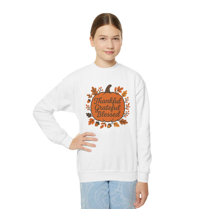 Thankful Grateful Blessed Youth Unisex Sweatshirt | Cozy Autumn Wear, Thanksgiving Gift, Family Gathering Outfit