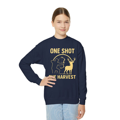 Youth Hunting Sweatshirt - One Shot One Harvest, Kids Outdoor Apparel, Fall Season Gift, Youth Crewneck Pullover, Birthday Gift