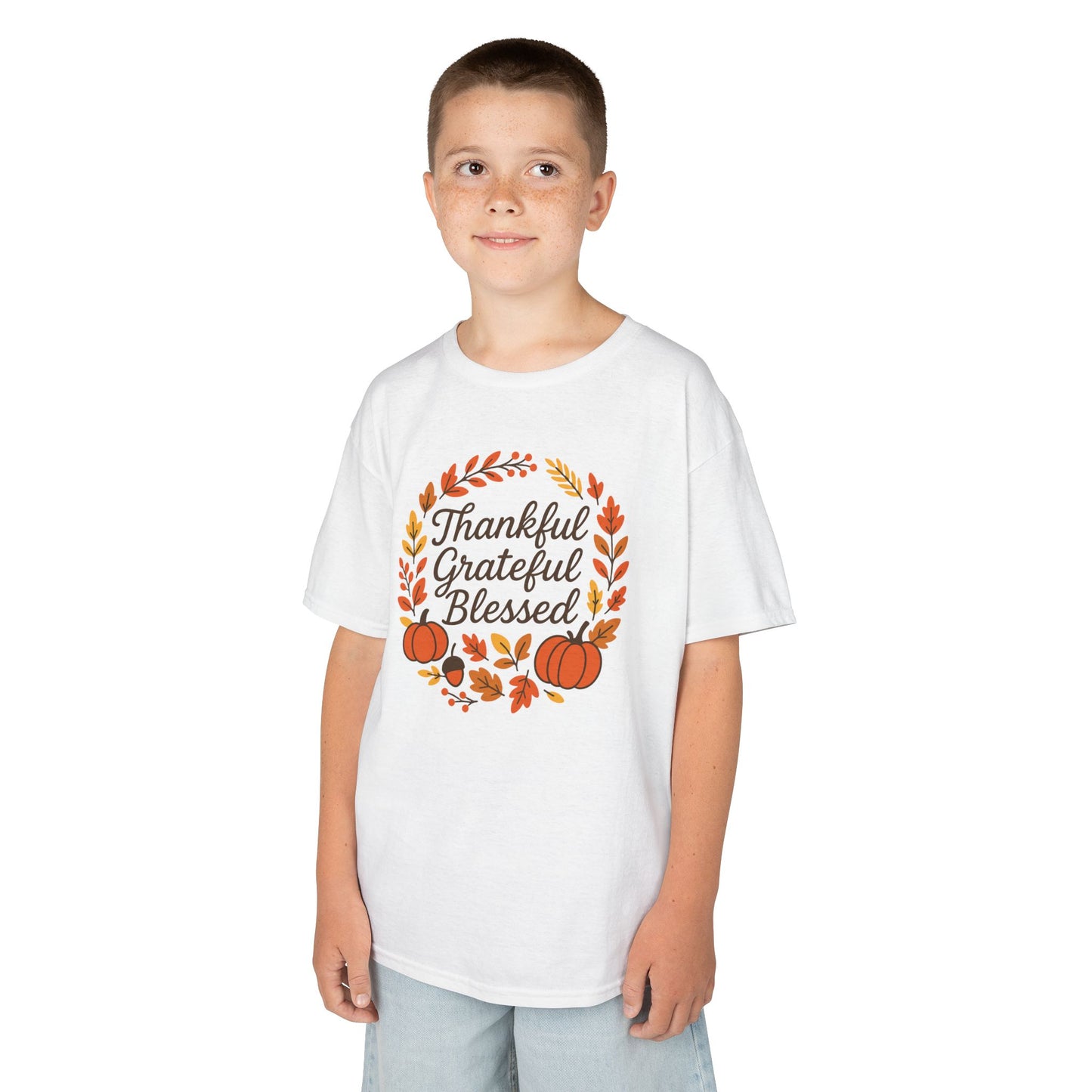 Thankful Grateful Blessed Youth Unisex T-Shirt | Thanksgiving Tee, Kids Autumn Apparel, Pumpkin Graphic Shirt, Seasonal Kids Clothing