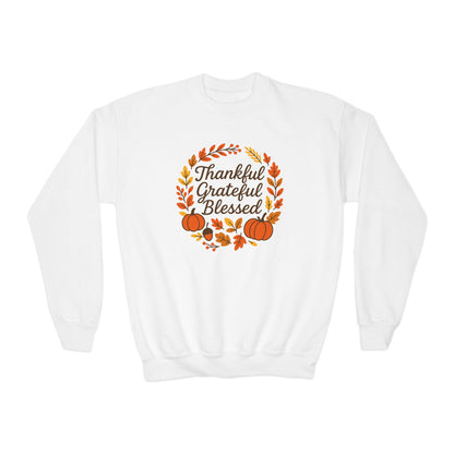 Thankful Grateful Blessed Youth Unisex Sweatshirt | Thanksgiving Gift, Cozy Autumn Apparel, Cute Kids Sweatshirt