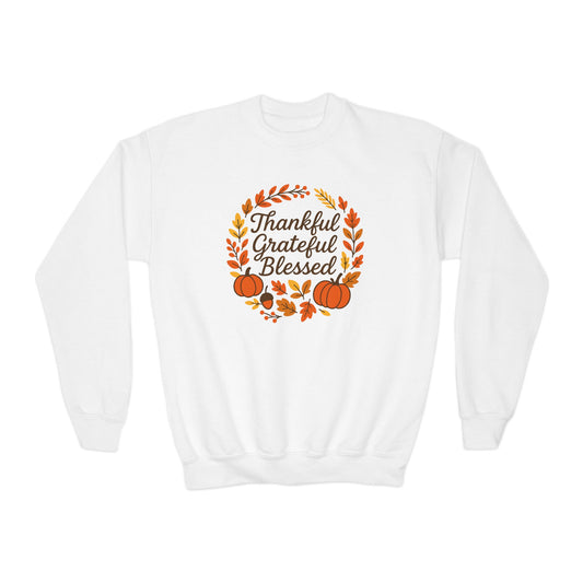 Thankful Grateful Blessed Youth Unisex Sweatshirt | Thanksgiving Gift, Cozy Autumn Apparel, Cute Kids Sweatshirt